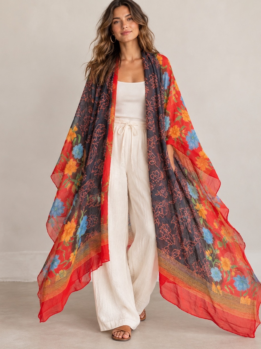 Oversized Sheer Silk Floral Shawl Wrap Boho Kimono Scarf 84" Square